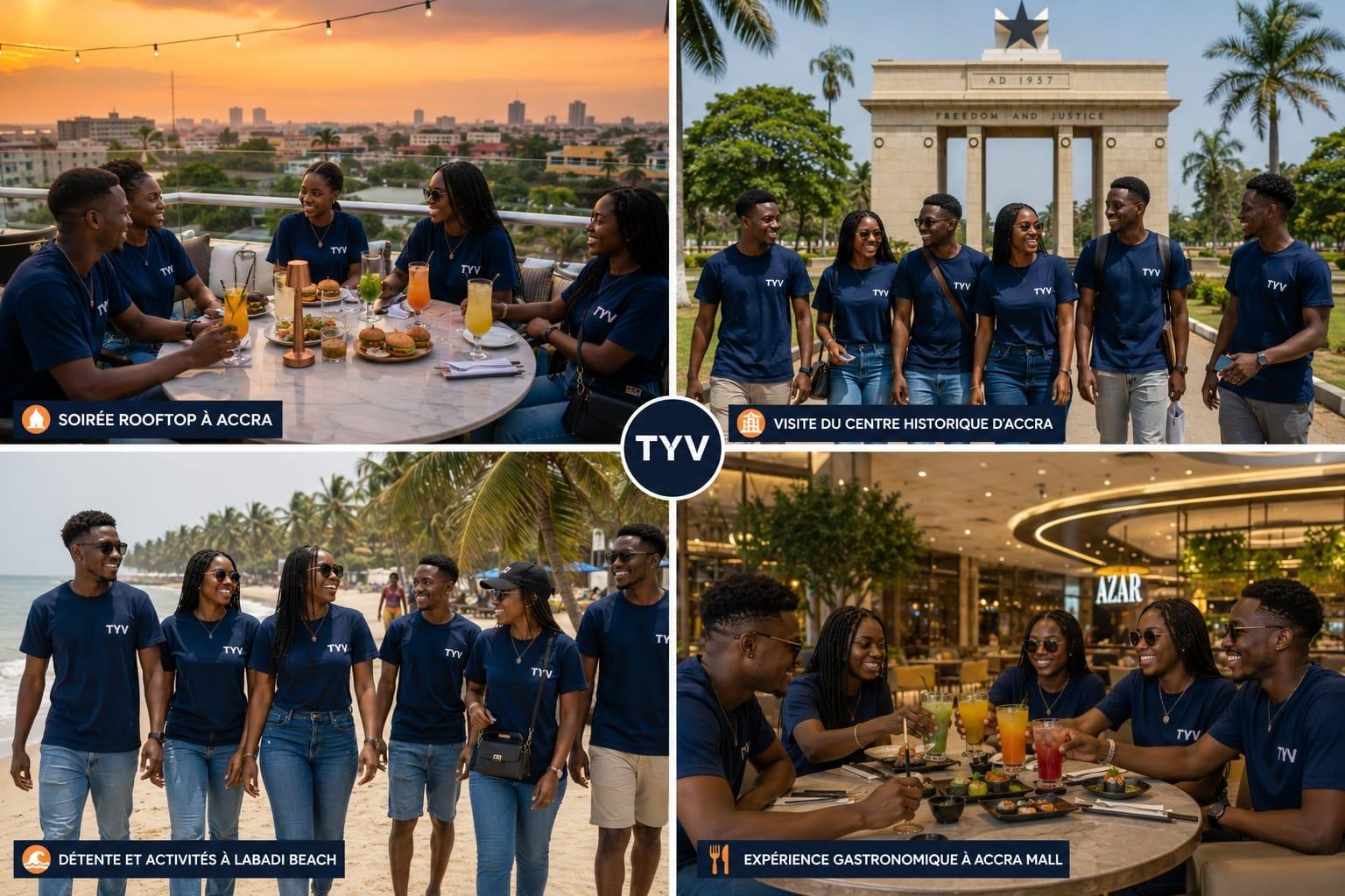 Activités mensuelles TYV : soirée rooftop, visite du centre historique d'Accra, Labadi Beach et Accra Mall