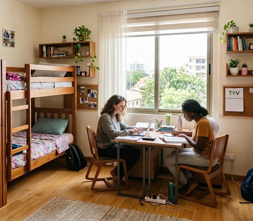 Chambre étudiante partagée, lumineuse, avec espace de travail