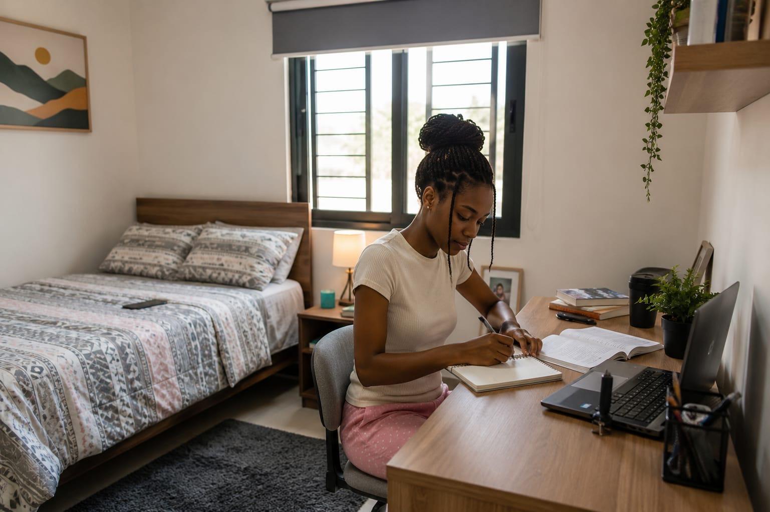 Chambre étudiante individuelle avec bureau et coin étude
